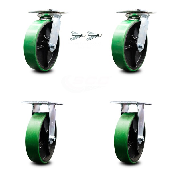 8 Inch Poly on Cast Iron Caster Set with Roller Bearing 2 Swivel Lock 2 Rigid